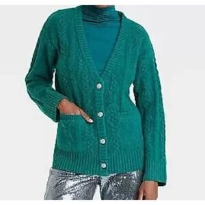 Green Cable Knit Cardigan Women Sz M Rhinestone Snowflake Buttons Pockets Granny
